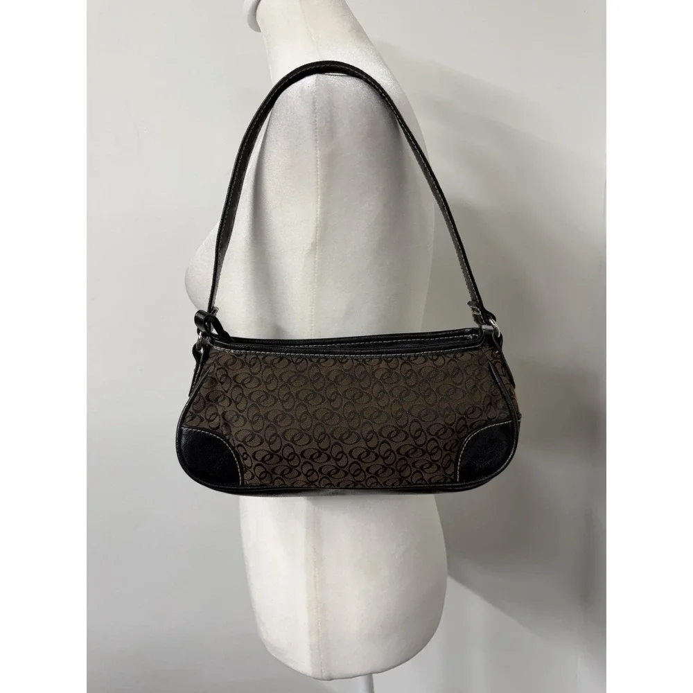 Vtg Y2K Small Baguette Shoulder Bag Brown Canvas Jacquard Black Leather Trim